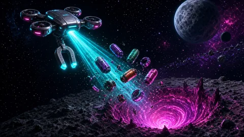 Dron magnético juntando chatarra espacial en Space Scrap Collector